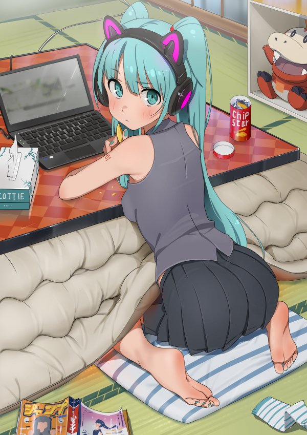 1girl, animal_ear_headphones, animal_ears, aqua_eyes, aqua_hair, aqua_nails, ass, bare_shoulders, barefoot, black_skirt, blue_nail_polish, blush, breasts, cat_ear_headphones, cat_ears, character_doll, chips_(food), closed_mouth, commentary, computer, doll, fake_animal_ears, feet, food, from_behind, fuecoco, full_body, furuyama_itaru, hair_between_eyes, hatsune_miku, headphones, indoors, kotatsu, laptop, leaning_forward, leaning_on_table, long_hair, looking_at_viewer, looking_back, medium_breasts, nail_polish, nintendo, no_detached_sleeves, pleated_skirt, pokemon, shirt, shoulder_tattoo, skirt, sleeveless, sleeveless_shirt, socks, soles, solo, stuffed_toy, table, tatami, tattoo, tissue_box, toenail_polish, toenails, toes, unworn_socks, very_long_hair, vocaloid