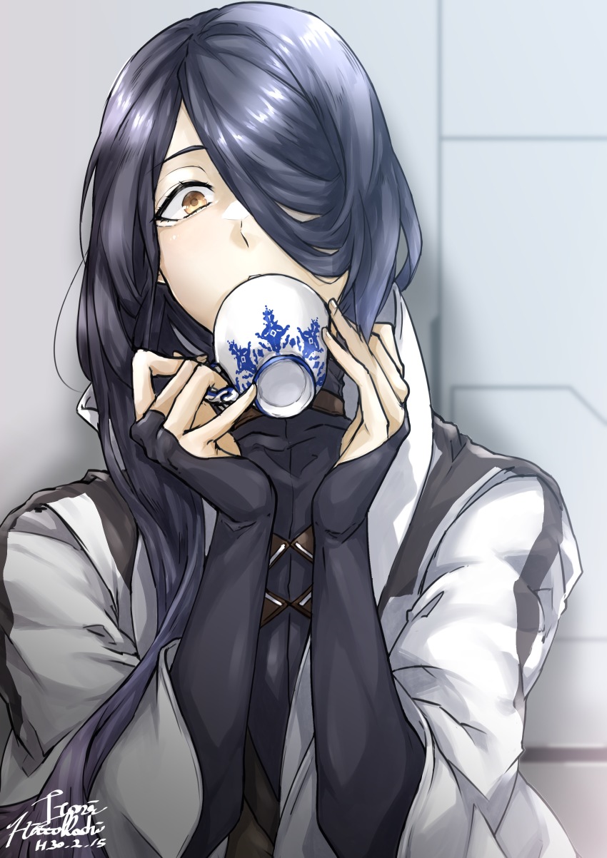 1boy, absurdres, black_shirt, blue_hair, covered_mouth, cup, dark_blue_hair, drinking, fate/grand_order, fate_(series), hair_over_one_eye, hair_over_shoulder, high_collar, highres, holding, holding_cup, jacket, jinkoshi_itori, long_hair, long_sleeves, looking_at_viewer, male_focus, paracelsus_von_hohenheim_(fate), shirt, sleeves_past_wrists, solo, teacup, turtleneck, upper_body, wall, white_jacket, yellow_eyes