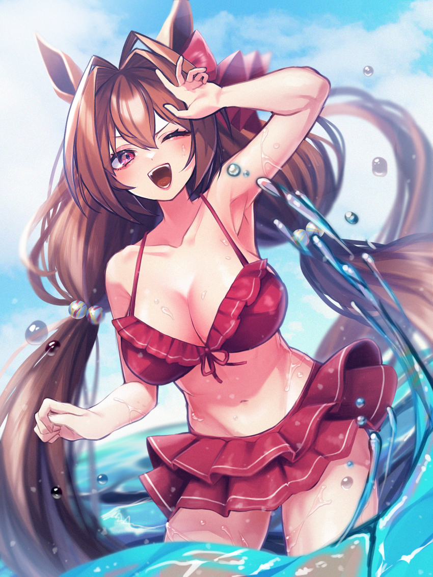 1girl, ;d, animal_ears, bikini, breasts, brown_hair, cleavage, cowboy_shot