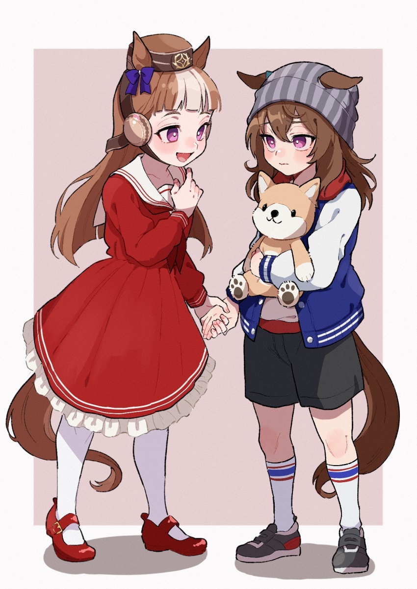 2girls, aged_down, animal_ears, beanie, black_shoes, black_shorts, blunt_bangs, commentary_request