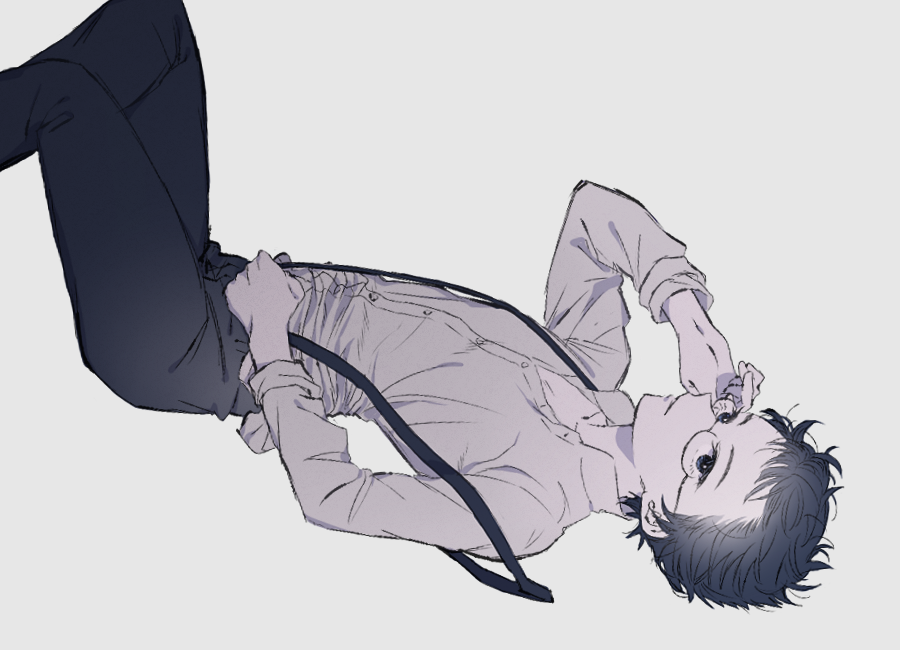 1boy, akinashi_0227, black_hair, black_pants, unworn_eyewear, glasses, holding, holding_removed_eyewear