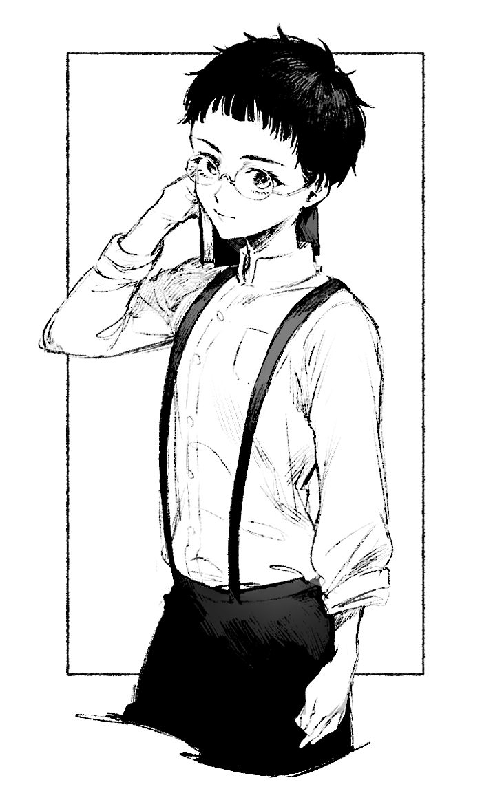 1boy, akinashi_0227, arm_up, black_hair, black_pants, book, breast_pocket, glasses