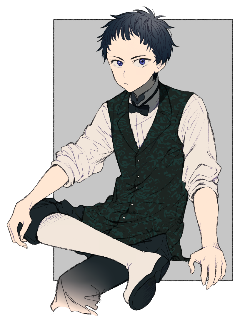 akinashi_0227, black_bow, black_hair, black_pants, blue_eyes, blunt_bangs, boots, bow