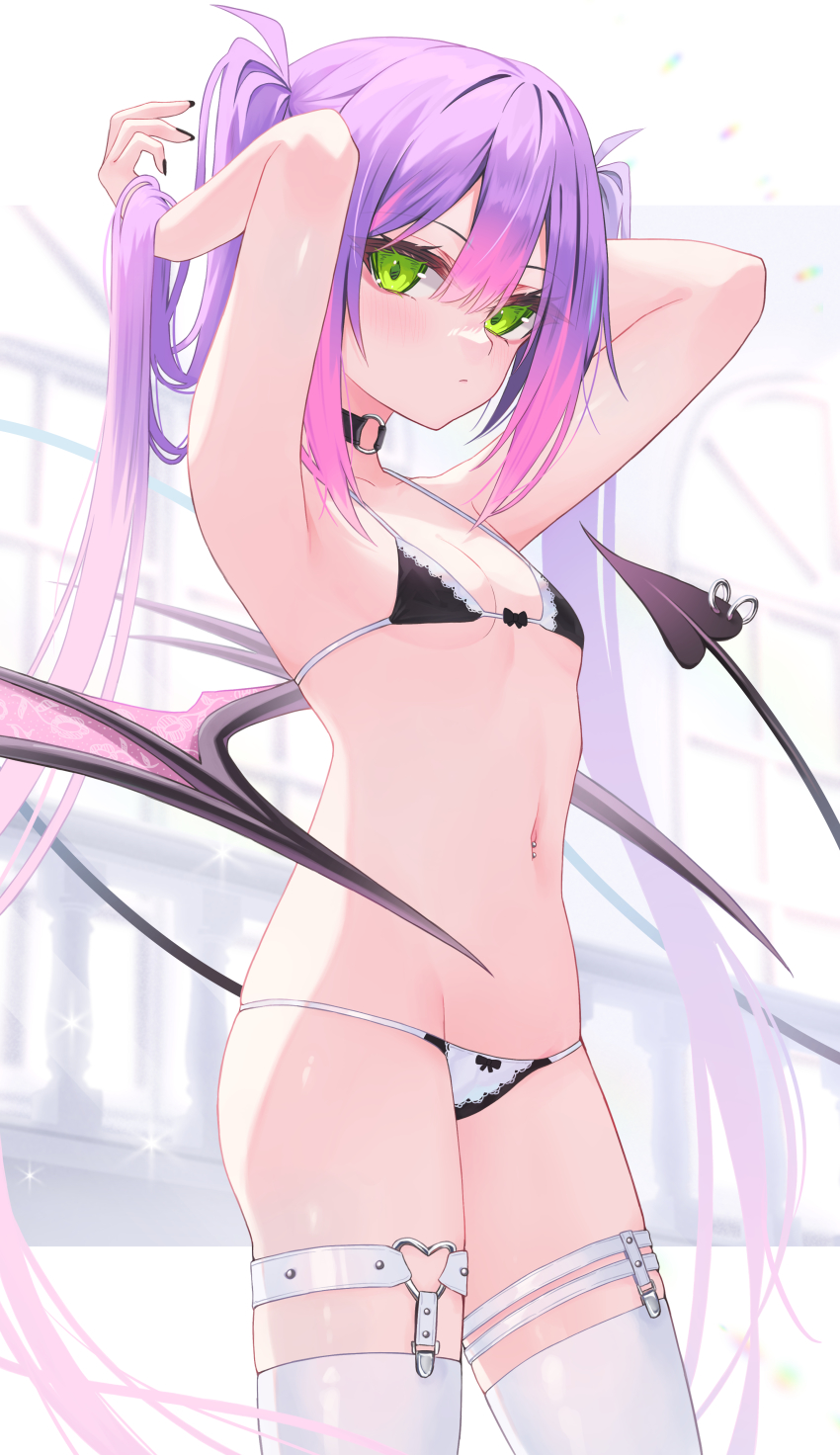 1girl, 333shishishi333, absurdres, alternate_costume, armpits, arms_up, bare_shoulders, bikini, black_bikini, black_choker, breasts, choker, collarbone, cowboy_shot, demon_girl, demon_tail, demon_wings, frilled_bikini, frills, green_eyes, groin, heart, heart_o-ring, highres, hololive, long_hair, looking_at_viewer, maid, maid_bikini, multicolored_hair, navel, navel_piercing, o-ring, o-ring_thigh_strap, piercing, pink_hair, purple_hair, skindentation, small_breasts, solo, stomach, string_bikini, swimsuit, tail, tail_ornament, tail_piercing, thigh_strap, thighhighs, tokoyami_towa, twintails, unconventional_maid, very_long_hair, virtual_youtuber, wings