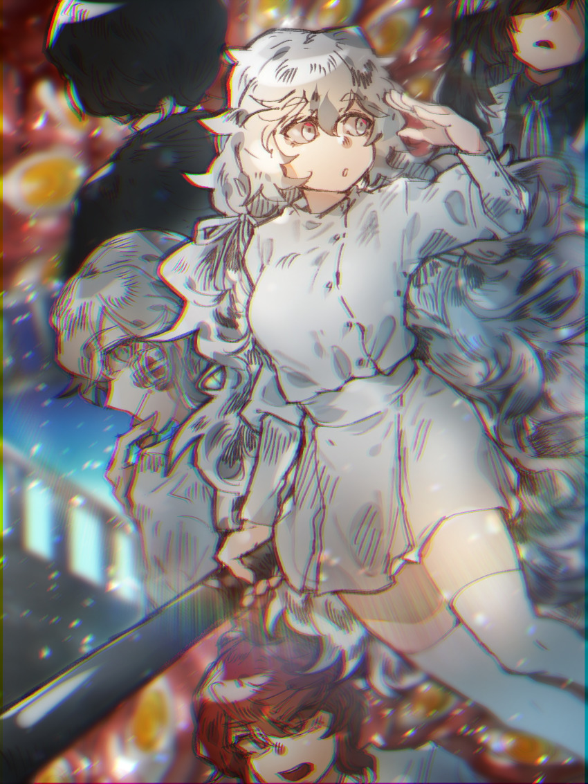 2boys, 3girls, baseball_bat, black_hair, charles_eyler, charlotte_wiltshire, dress, feruca, green_eyes, hello_charlotte, henrietta_warhol, highres, long_hair, metal_baseball_bat, multiple_boys, multiple_girls, q84, red_hair, scarlett_eyler, socks, thighhighs, vincent_wordsworth, white_dress, white_eyes, white_hair, white_socks, zettai_ryouiki