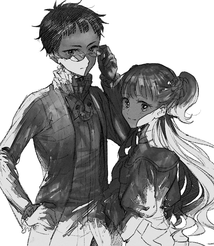 1boy, 1girl, akinashi_0227, black_hair, blunt_bangs, dress, emilico_(shadows_house), glasses