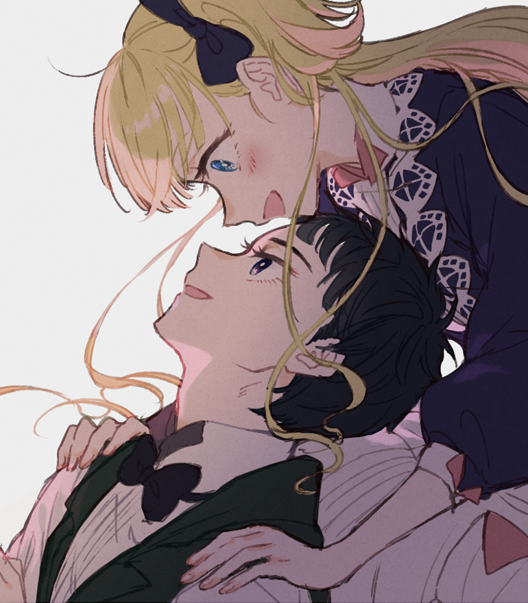 1boy, 1girl, akinashi_0227, apron, black_bow, black_hair, blonde_hair, blue_bow