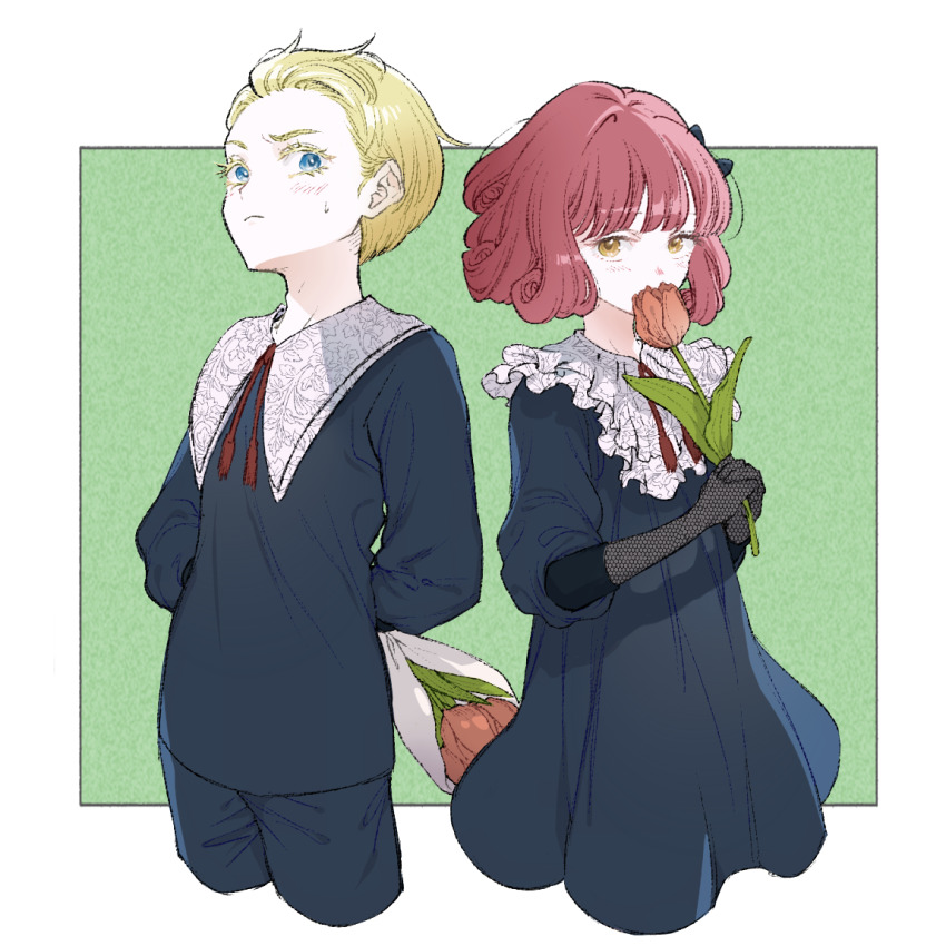 1boy, 1girl, akinashi_0227, blonde_hair, blue_dress, blue_eyes, blue_pants, blue_shirt, blush, bouquet, bow, dress, flower, hair_bow, hair_ornament, holding, long_sleeves, looking_at_viewer, lou_(shadows_house), pants, red_hair, ricky_(shadows_house), shadows_house, shirt, short_hair, yellow_eyes