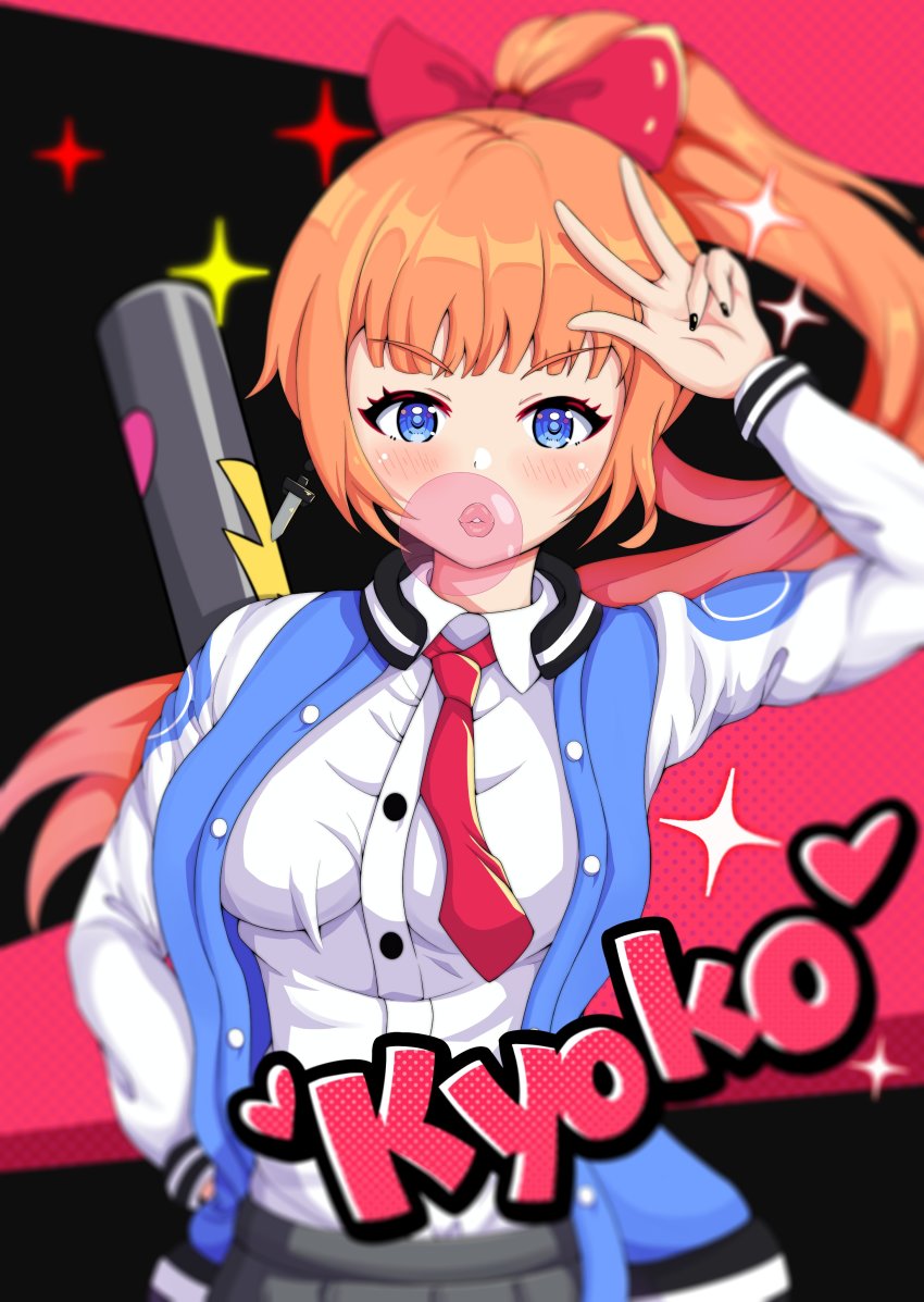 1girl, absurdres, baseball_bat, blue_eyes, bow, breasts, chewing_gum, highres, jacket, james_black, kunio-kun_series, kyoko_(kunio-kun), long_sleeves, medium_breasts, nail_polish, necktie, orange_hair, ponytail, red_bow, river_city_girls, school_uniform, skirt, solo