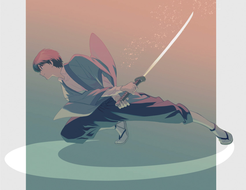 1boy, brown_hair, closed_mouth, collared_shirt, dress_shirt, grey_kimono, grey_pants, highres