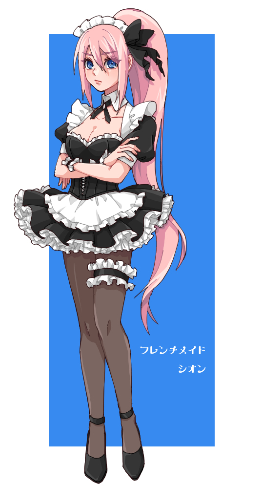 1girl, alternate_costume, apron, black_bow, black_bustier, black_footwear, black_pantyhose, black_ribbon, black_skirt, blue_background, blue_eyes, border, bow, breasts, bustier, cleavage, closed_mouth, collarbone, detached_collar, enmaided, frilled_apron, frills, hair_between_eyes, hair_bow, high_heels, high_ponytail, kaoshu, layered_skirt, long_hair, maid, maid_headdress, medium_breasts, miniskirt, neck_ribbon, outside_border, pantyhose, pink_hair, pleated_skirt, ponytail, pumps, ribbon, shionne_(tales), short_sleeves, skirt, solo, tales_of_(series), tales_of_arise, thigh_strap, very_long_hair, waist_apron, white_apron, white_border, wing_collar