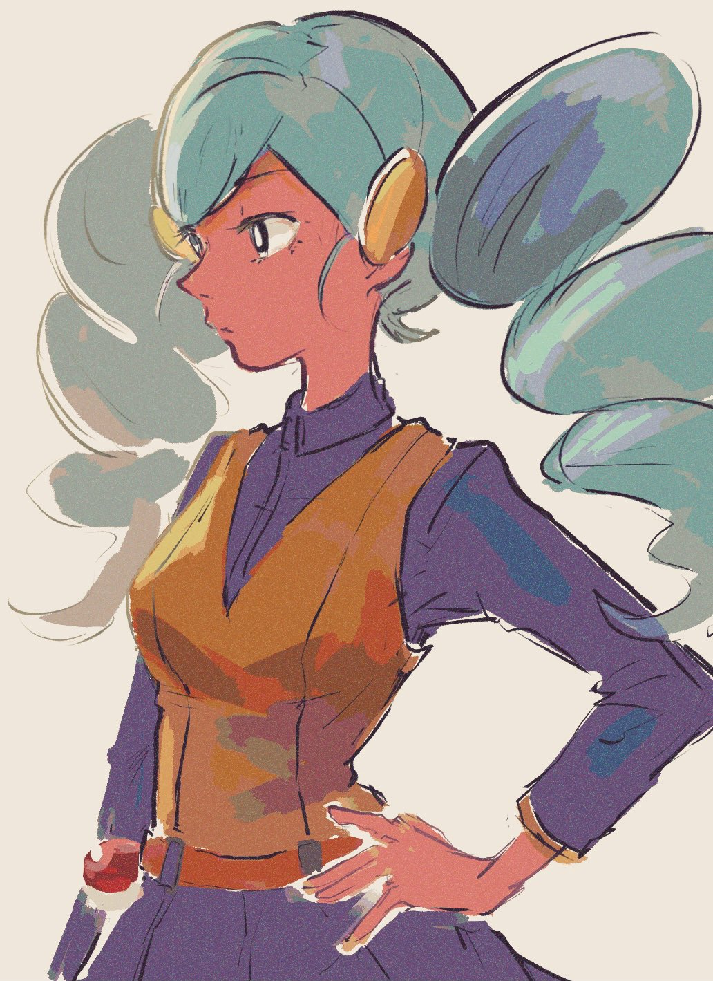 1girl, ace_trainer_(female)_(pokemon_bw), ace_trainer_(pokemon), aqua_hair, belt, black_eyes, breasts, bright_pupils