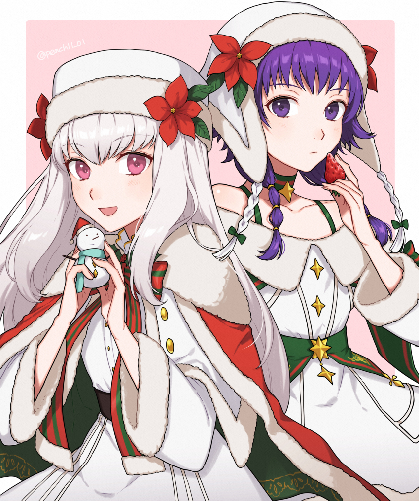 2girls, blush, cape, capelet, christmas, closed_mouth, commentary_request, dress, fire_emblem, fire_emblem:_the_sacred_stones, fire_emblem:_three_houses, fire_emblem_heroes, flower, food, fruit, fur-trimmed_cape, fur-trimmed_capelet, fur-trimmed_headwear, fur-trimmed_sleeves, fur_trim, green_cape, hat, hat_flower, highres, holding, holding_food, holding_fruit, holding_toy, long_hair, looking_at_viewer, lute_(fire_emblem), lute_(winter)_(fire_emblem), lysithea_von_ordelia, lysithea_von_ordelia_(winter), multiple_girls, nintendo, off-shoulder_dress, off_shoulder, official_alternate_costume, open_mouth, pink_eyes, purple_eyes, purple_hair, red_cape, red_flower, shamu_(peach11_01), smile, strawberry, toy, twintails, twitter_username, two-tone_cape, white_capelet, white_dress, white_hair, white_headwear
