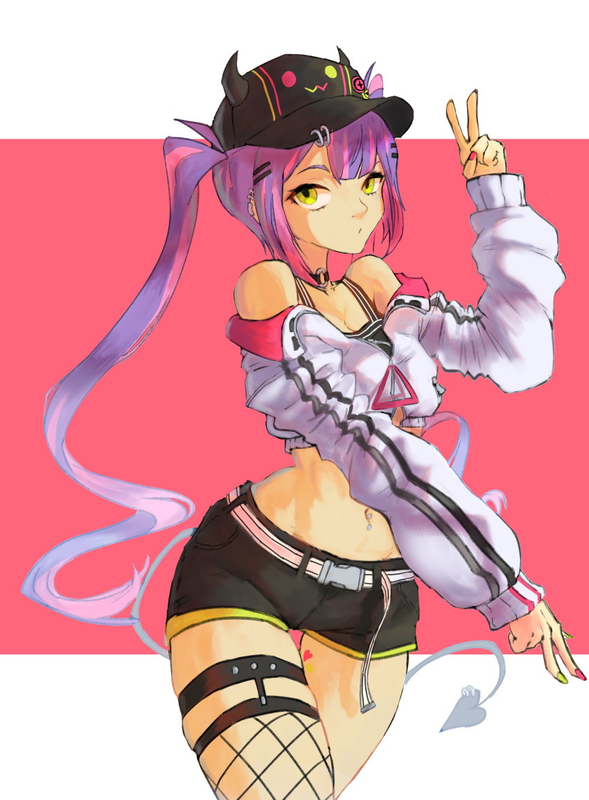 1girl, absurdres, choker, demon_girl, demon_tail, ear_piercing, fake_horns, fishnet_thighhighs