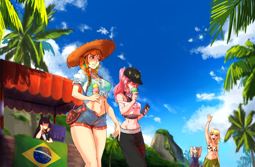 5girls, beach, bikini, brazil, brazilian_flag, cable_car, food, gawr_gura