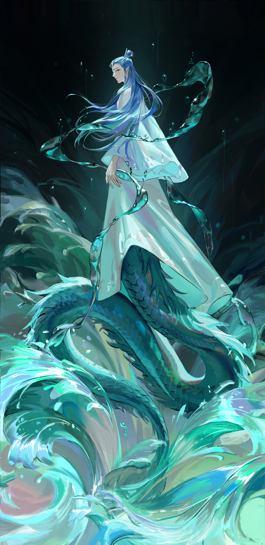 1boy, aalili, absurdres, antlers, ao_bing, black_background, blue_background, blue_eyes, blue_hair, blue_scales, chinese_clothes, closed_mouth, dragon_boy, flying, full_body, fur-tipped_tail, hair_bun, highres, horns, lamia_boy, long_hair, long_sleeves, looking_at_viewer, looking_back, male_focus, monster_boy, multicolored_background, nezha_zhi_motong_jiangshi, pointy_ears, scales, single_hair_bun, solo, water, wide_sleeves