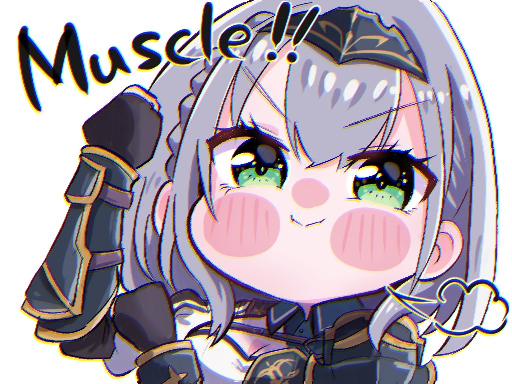 1girl, armor, armored_dress, black_gloves, blush_stickers, braid, chest_guard, chest_strap, chibi, dress, extra_ears, fingerless_gloves, french_braid, gloves, green_eyes, grey_hair, hairband, hololive, medium_hair, nabe_(nabe_otome), pauldrons, puffy_cheeks, shirogane_noel, shirogane_noel_(1st_costume), shoulder_armor, single_pauldron, smile, solo, v-shaped_eyebrows, vambraces, virtual_youtuber, wavy_hair
