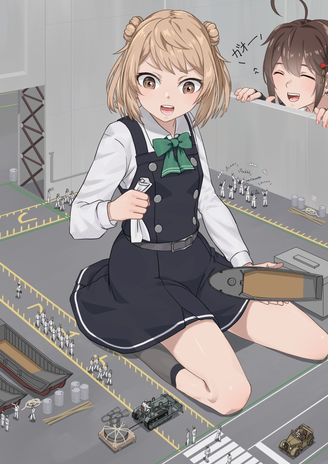 2girls, ahoge, ammunition_box, ascot, black_serafuku, black_socks, boat, braid