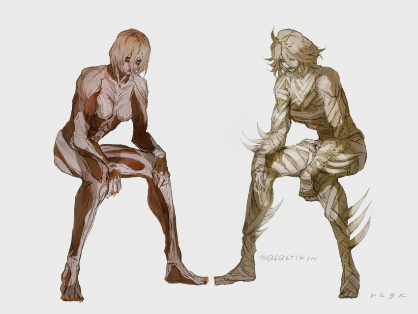 2girls, arm_rest, barbariccia, barefoot, blue_eyes, closed_mouth, comparison, crossover, exposed_muscle, female_titan, final_fantasy, final_fantasy_xiv, full_body, hair_between_eyes, leaning_forward, looking_at_viewer, medium_hair, multiple_girls, nude, q6q6tikin, shingeki_no_kyojin, simple_background, sitting, spikes, titan_(shingeki_no_kyojin), trait_connection, twitter_username, white_background