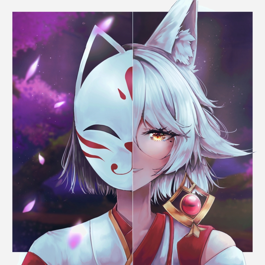 2girls, animal_ear_fluff, animal_ears, black_hair, border, chehg, cherry_blossoms, commentary, detached_sleeves, earrings, english_commentary, facing_viewer, falling_petals, fox_ears, fox_mask, gem, genshin_impact, gold_earrings, hair_between_eyes, hanachirusato_(genshin_impact), highres, japanese_clothes, jewelry, kimono, kitsune_saiguu, looking_at_viewer, mask, masked, medium_hair, mole, mole_under_eye, multiple_girls, outside_border, petals, portrait, red_gem, single_detached_sleeve, smile, split_theme, swept_bangs, symmetry, teeth, white_border, white_hair, white_kimono, yellow_eyes