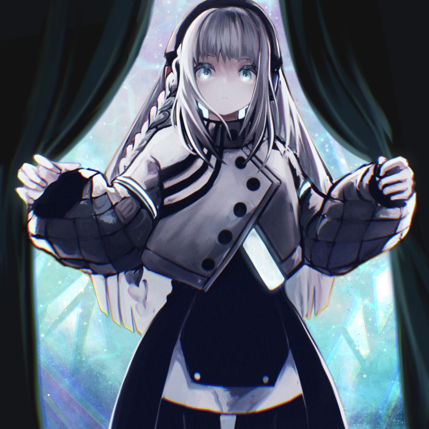 1girl, black_dress, black_pantyhose, blue_eyes, cevio, closed_mouth, cropped_jacket, dress