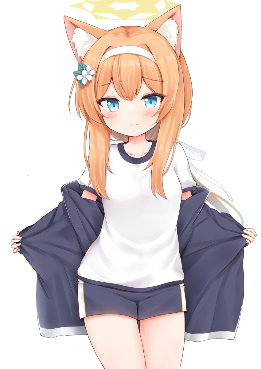 1girl, absurdres, animal_ears, blue_archive, blue_eyes, cat_ears, cat_girl, collarbone, commentary_request, flower, gym_shirt, gym_shorts, gym_uniform, hair_between_eyes, hair_flower, hair_ornament, halo, headband, highres, jacket, kurumizawa_ruri, long_hair, long_sleeves, looking_at_viewer, low_ponytail, mari_(blue_archive), mari_(track)_(blue_archive), official_alternate_costume, open_clothes, open_jacket, orange_hair, ponytail, shirt, shorts, sidelocks, simple_background, smile, solo, track_jacket, white_background