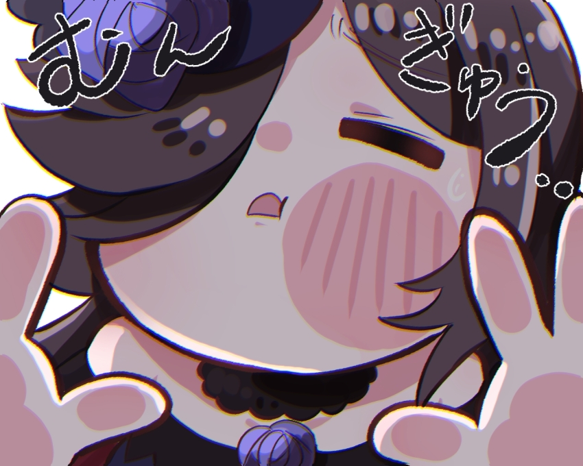 1girl, against_fourth_wall, blush_stickers, brown_hair, cheek_press, chibi, closed_eyes, hair_over_one_eye