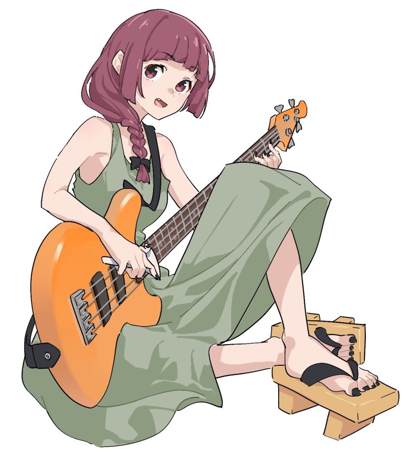 1girl, :d, bachi, bare_arms, bare_shoulders, bass_guitar, black_bow, black_nails