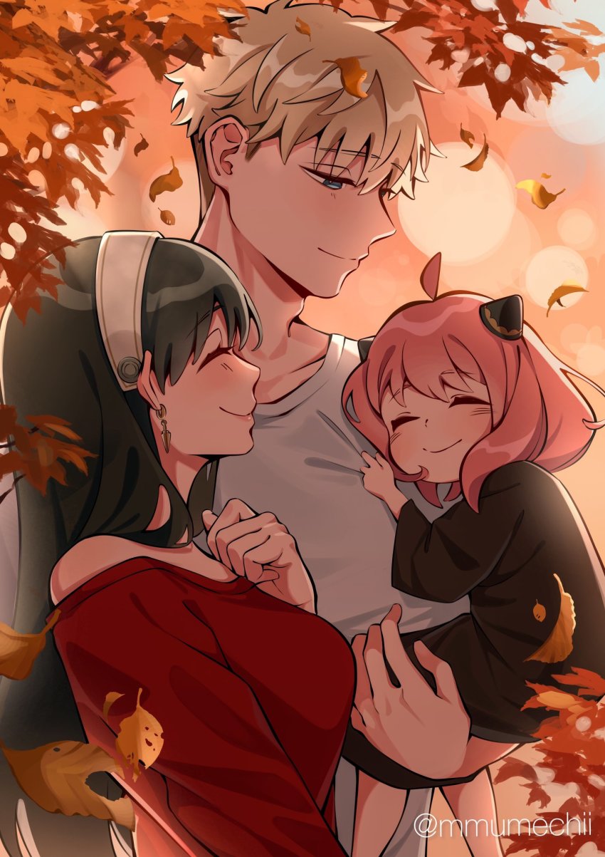 1boy, ahoge, anya_(spy_x_family), artist_name, bare_shoulders, black_dress, black_hair, blonde_hair