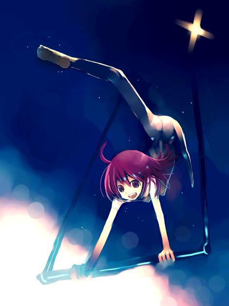 00s, 1girl, acrobatics, ahoge, barefoot, female_focus, flexible, from_below