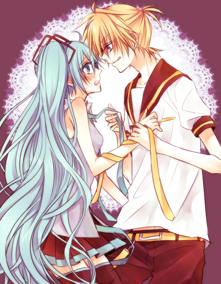 1boy, 1girl, :q, aqua_eyes, aqua_hair, belt, blonde_hair, blush
