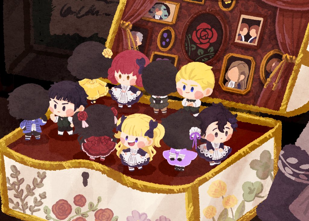 4boys, 6+girls, apron, barbie_(shadows_house), belle_(shadows_house), black_bow, black_hair, black_skin