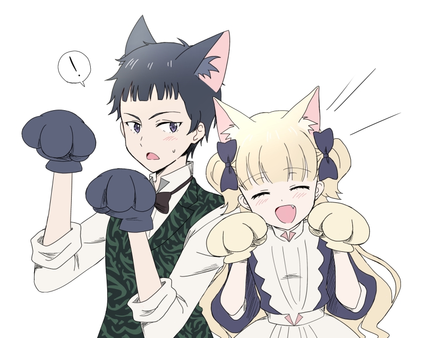 1boy, 1girl, animal_ears, animal_hands, apron, black_bow, black_hair, blonde_hair, blue_bow, blue_dress, blue_eyes, blunt_bangs, blush, bow, cat_ears, cat_paws, closed_eyes, dress, emilico_(shadows_house), fang, green_jacket, hair_bow, hakuchuu, highres, jacket, long_hair, open_mouth, paw_pose, shadows_house, shaun_(shadows_house), shirt, short_hair, sleeves_rolled_up, smile, white_apron, white_shirt