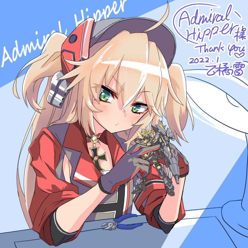 1girl, admiral_hipper_(azur_lane), azur_lane, blonde_hair, cross, dated, desk, gloves