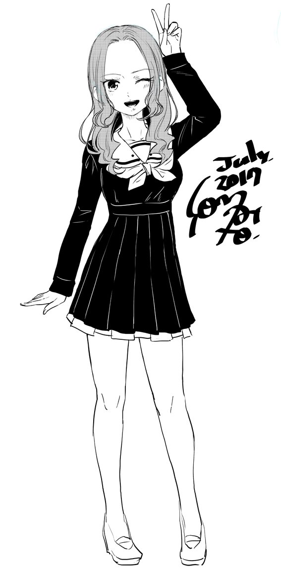 arm_up, black_dress, dress, forehead, full_body, medium_hair, mia_(shadows_house), monochrome