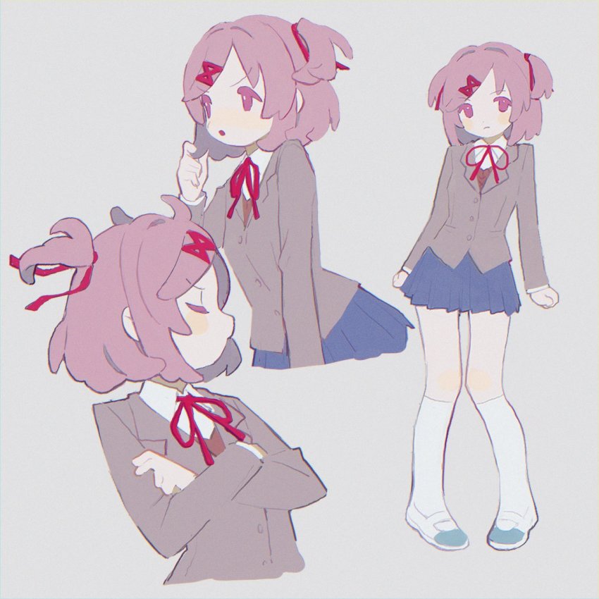 1girl, blue_skirt, closed_eyes, closed_mouth, collared_shirt, colored_eyelashes, commentary, doki_doki_literature_club