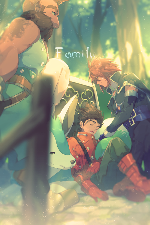 3boys, beard, brown_facial_hair, brown_hair, closed_eyes, closed_mouth, creature, dirk_(tales)