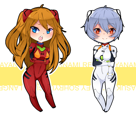 2girls, ayanami_rei, blue_eyes, blue_hair, blush, bodysuit, breasts, brown_hair, character_name, chibi, crossed_arms, long_hair, looking_at_viewer, lowres, mecha_pilot_suit, medium_breasts, multicolored_bodysuit, multiple_girls, neon_genesis_evangelion, plugsuit_(evangelion), red_bodysuit, red_eyes, shiny_clothes, shiny_skin, shioiri, short_hair, skin_tight, souryuu_asuka_langley, standing, tsundere, twintails, two_side_up, very_long_hair