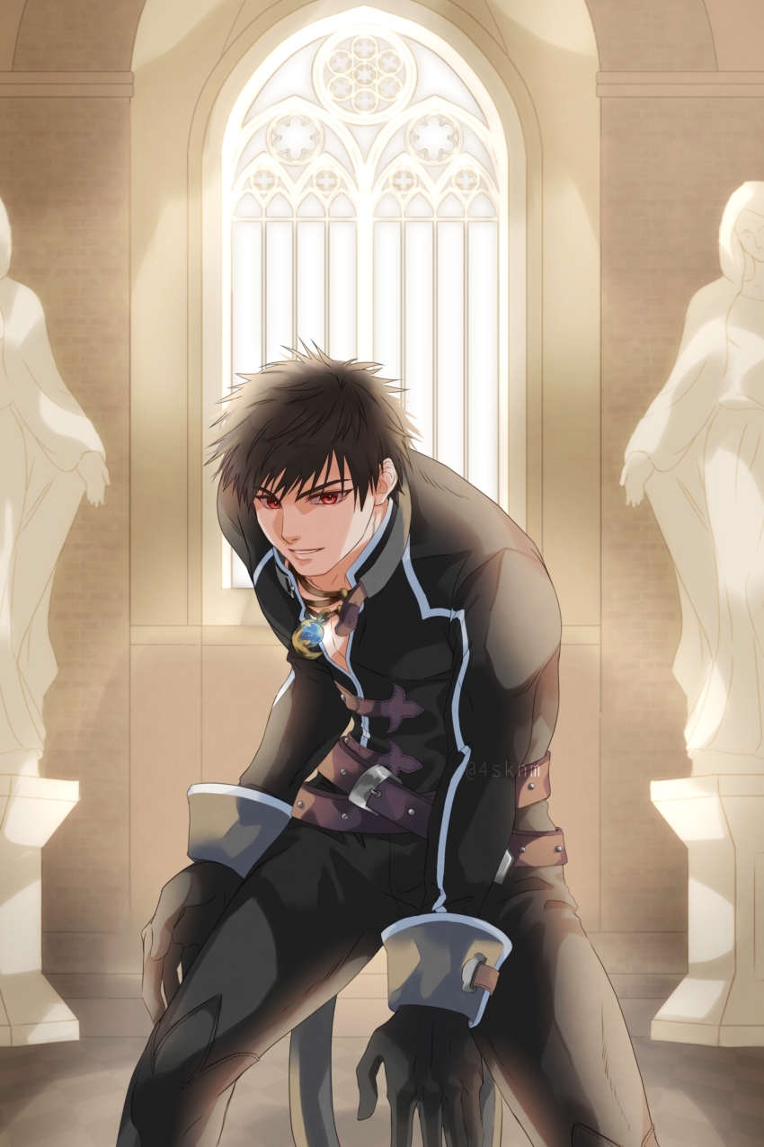 absurdres, belt, black_gloves, black_pants, brown_belt, brown_hair, church, gloves, highres, hunched_over, jewelry, looking_at_viewer, necklace, o9mtr, pants, pectoral_cleavage, pectorals, red_eyes, shadow_hearts, smile, statue, sunlight, wide_sleeves, window, yuri_hyuga