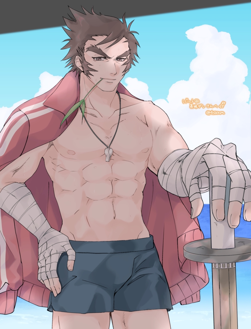 1boy, abs, bandaged_arm, bandages, beach, brown_eyes, brown_hair, closed_mouth