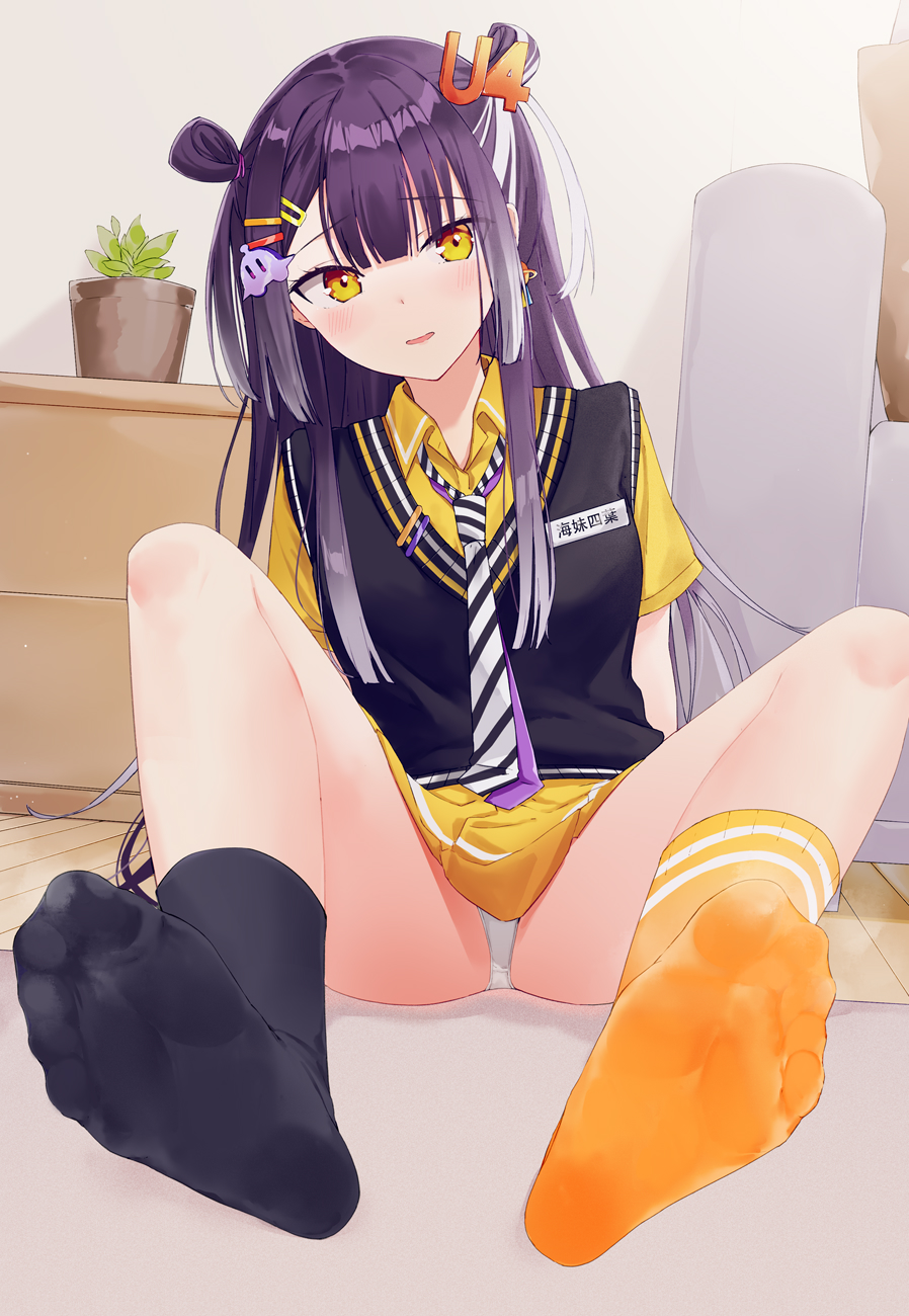 1girl, asymmetrical_legwear, black_socks, black_vest, blush, breasts, collared_shirt, commentary_request, feet, foot_focus, gradient_hair, grey_hair, hair_ornament, hairclip, highres, indoors, kou_futoshi, leaning_back, legs, medium_breasts, mismatched_legwear, multicolored_hair, nail_polish, name_tag, necktie, nijisanji, no_shoes, on_ground, open_mouth, orange_socks, panties, pantyshot, plant, potted_plant, purple_hair, purple_nails, purple_necktie, shadow, shirt, short_sleeves, sidelocks, sitting, smell, socks, soles, solo, steaming_body, streaked_hair, striped_clothes, striped_necktie, sweatdrop, thighs, toenail_polish, toenails, toes, two_side_up, umise_yotsuha, underwear, unworn_socks, vest, virtual_youtuber, white_hair, white_panties, yellow_eyes, yellow_nails, yellow_shirt