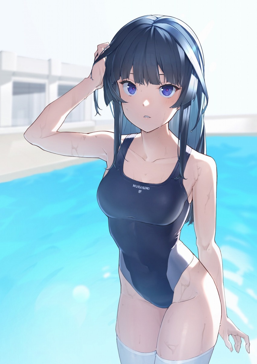 1girl, agatsuma_kaede, alice_gear_aegis, arm_up, armpit_crease, armpits, blue_hair, blue_one-piece_swimsuit