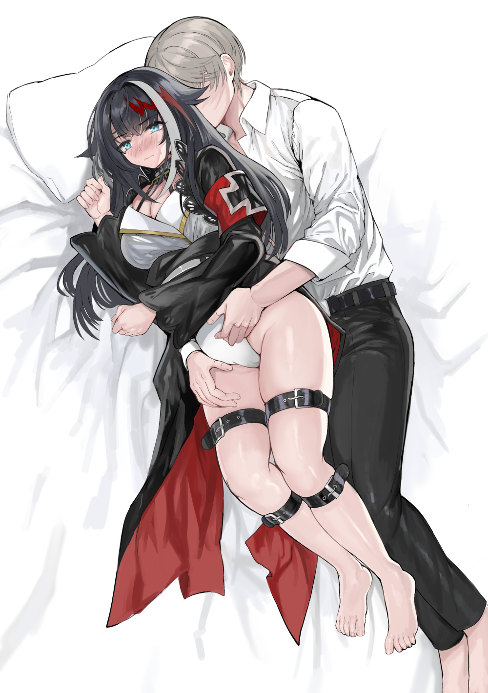 1boy, 1girl, armband, azur_lane, barefoot, black_choker, black_hair, blonde_hair, blue_eyes, blush, choker, commentary_request, cross, cuddling, deutschland_(azur_lane), feet, highres, iron_cross, multicolored_hair, shirt, streaked_hair, takeakigaku, thick_thighs, thighs