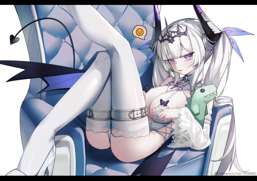 1797928123, 1girl, ash_arms, belt, blunt_bangs, blush, breasts, chair, character_request, choker, cross, demon_tail, demon_wings, detached_collar, detached_sleeves, foot_out_of_frame, hair_ornament, high_heels, highres, holding, holding_stuffed_toy, horns, jitome, large_breasts, leg_up, legs, lingerie, long_hair, long_sleeves, lying, on_back, on_chair, parted_lips, perspective, purple_eyes, see-through_clothes, see-through_sleeves, smile, solo, spoken_emoji, stuffed_dinosaur, stuffed_toy, tail, thigh_belt, thigh_strap, thighhighs, tiara, twintails, underwear, very_long_hair, white_hair, wings