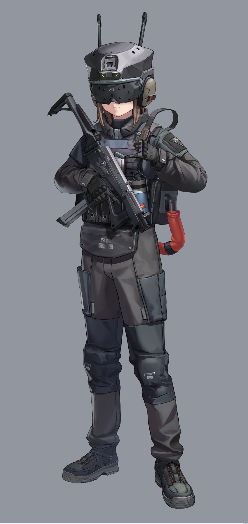 1girl, absurdres, black_boots, black_gloves, boots, brown_hair, bulletproof_vest, bypos, closed_mouth, full_body, gloves, goddess_of_victory:_nikke, grey_background, gun, head-mounted_display, headphones, highres, holding, holding_gun, holding_weapon, long_sleeves, official_art, pouch, short_hair, simple_background, soldier_ow_(nikke), solo, standing, tactical_clothes, weapon