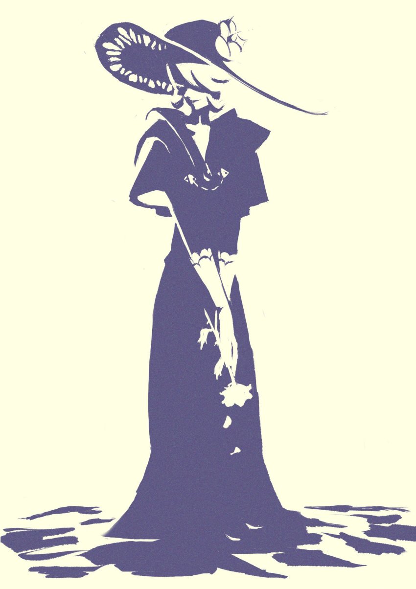 1girl, closed_eyes, closed_mouth, cogita_(pokemon), dress, falling_petals, flower, full_body