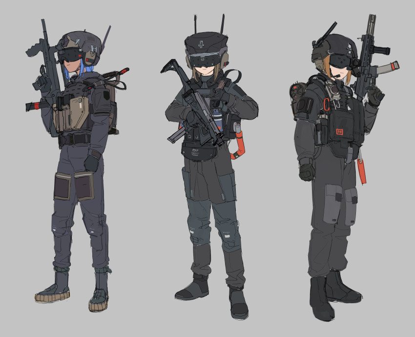3girls, absurdres, black_footwear, blue_hair, boots, brown_hair, bulletproof_vest, bypos, closed_mouth, dark-skinned_female, dark_skin, full_body, gloves, goddess_of_victory:_nikke, grey_background, gun, head-mounted_display, headphones, headset, highres, holding, holding_gun, holding_weapon, multiple_girls, short_hair, simple_background, sketch, soldier_ow_(nikke), standing, tactical_clothes, weapon