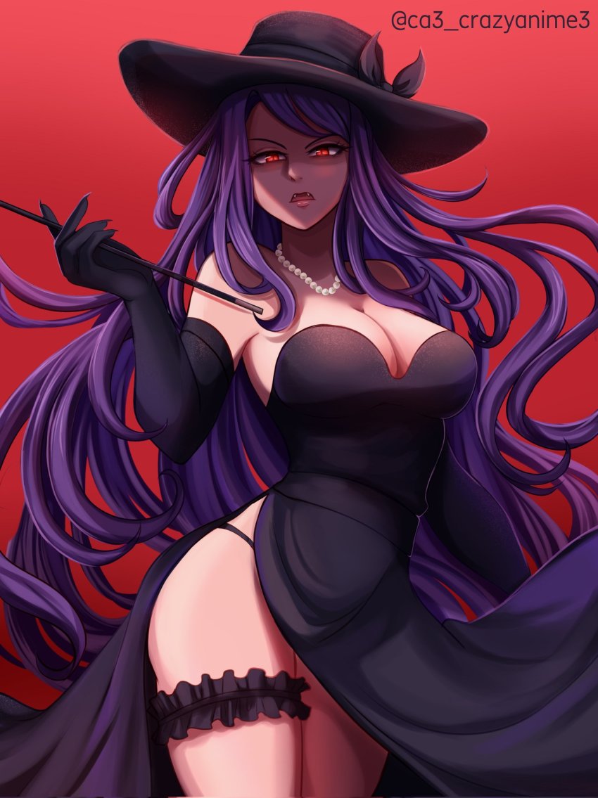 1girl, alcina_dimitrescu, alcina_dimitrescu_(cosplay), angry, arm_at_side, artist_name, bare_shoulders, black_dress, black_gloves, black_hat, breasts, cleavage, commentary, cosplay, cowboy_shot, crazyanime3, dress, elbow_gloves, english_commentary, fangs, frills, gloves, glowing, glowing_eyes, gradient_background, half-closed_eyes, hand_up, hat, highres, holding, jewelry, large_breasts, long_dress, long_hair, looking_at_viewer, neck, necklace, open_mouth, original, pearl_necklace, purple_hair, red_background, red_eyes, resident_evil, resident_evil_village, side_slit, simple_background, slit_pupils, solo, standing, strapless, strapless_dress, thick_thighs, thigh_strap, thighs, very_long_hair