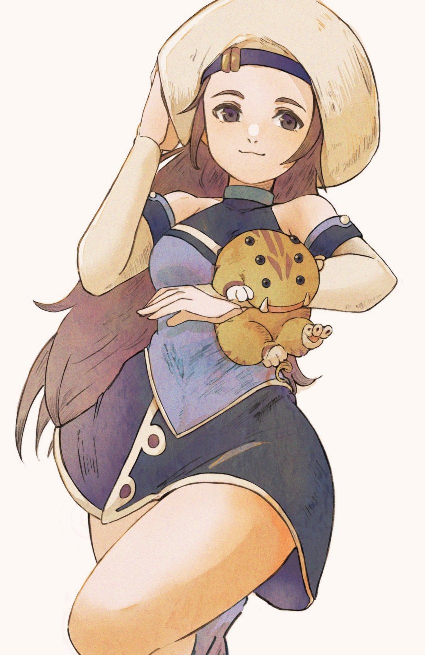 1girl, bonaparte_(suikoden), breasts, brown_eyes, brown_hair, closed_mouth, creature, gensou_suikoden, gensou_suikoden_ii, hat, highres, korunosabu, long_hair, looking_at_viewer, medium_breasts, millie_(suikoden), ponytail, simple_background, skirt, smile