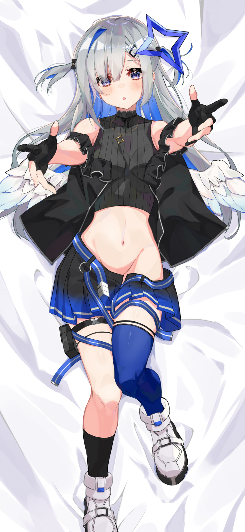 1girl, absurdres, amane_kanata, amane_kanata_(work), asymmetrical_legwear, bed_sheet, black_bow, black_gloves, black_jacket, black_ribbon, black_skirt, black_socks, blue_eyes, blue_hair, blue_skirt, blue_thighhighs, blush, bow, breasts, collarbone, colored_inner_hair, commentary_request, crop_top, dakimakura_(medium), dress, eyelashes, feathered_wings, frills, from_above, full_body, gloves, grey_hair, hair_bow, hair_ornament, hair_over_one_eye, hairclip, halo, hazuki_yuzuru, highres, hololive, jacket, jewelry, knees_together_feet_apart, legs, long_hair, looking_at_viewer, low_wings, lying, midriff, mismatched_legwear, multicolored_hair, navel, neck_ribbon, necklace, official_alternate_costume, on_back, open_mouth, outstretched_arms, parted_bangs, partially_fingerless_gloves, partially_undressed, pleated_skirt, pouch, ribbed_shirt, ribbon, shiny_clothes, shiny_skin, shirt, shoes, short_dress, sidelocks, skindentation, skirt, sleeveless, small_breasts, sneakers, socks, solo, star_halo, streaked_hair, thigh_pouch, thigh_strap, thighhighs, two-tone_skirt, virtual_youtuber, white_shoes, wings